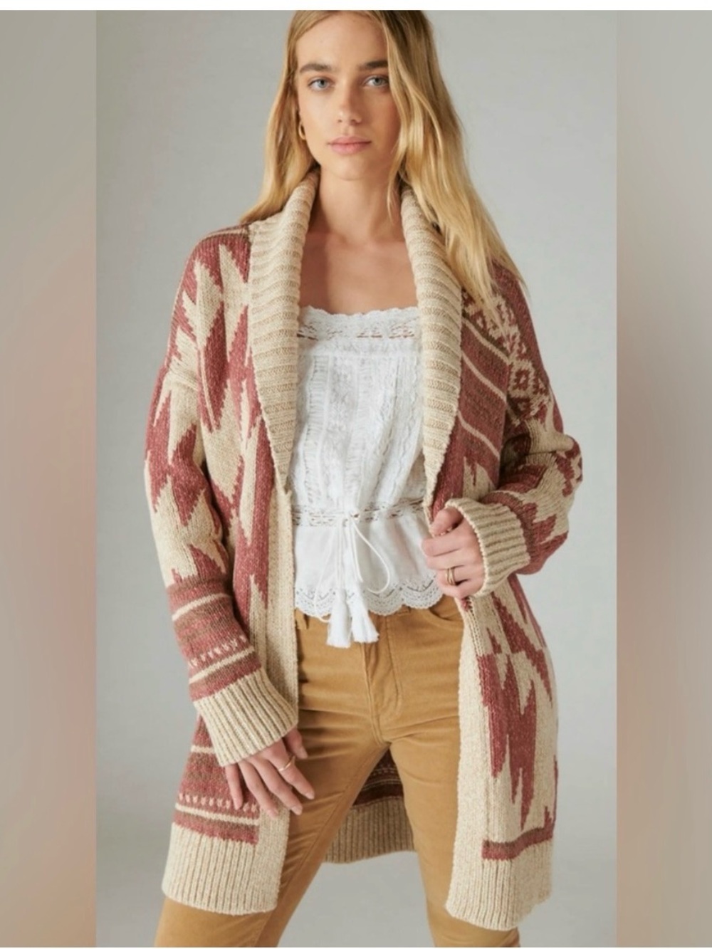 Lucky Brand Beige and Dusty Rose Geometric Shawl Cardigan